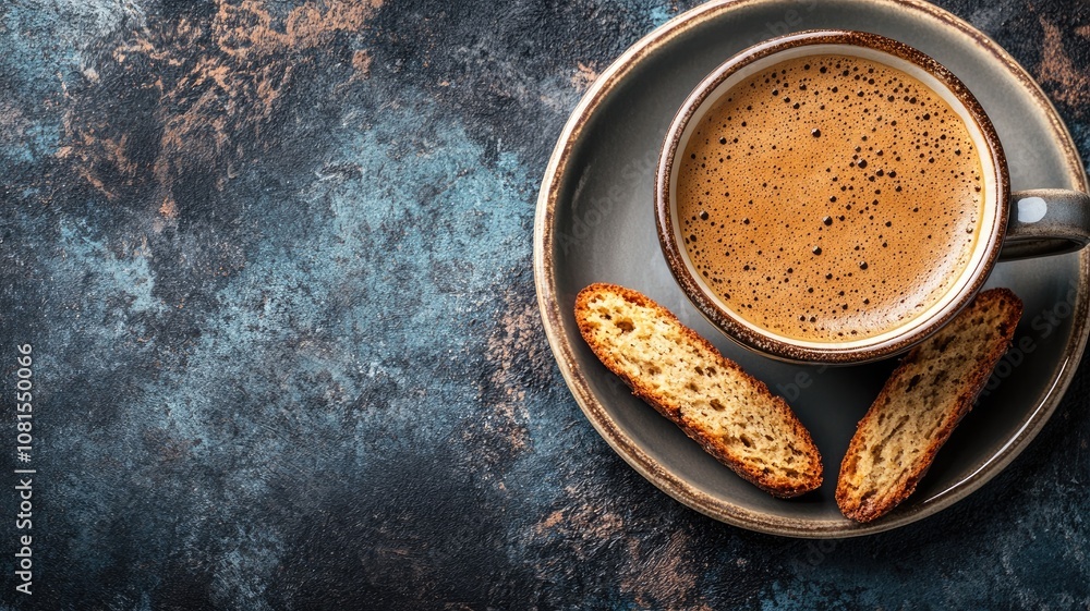 Cup of coffee with biscotti on ceramic plate Cup of coffee with biscotti on ceramic plate