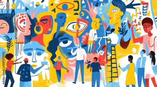 An evocative depiction of a diverse group of people painting a large mural together, with each section representing different aspects of their cultures