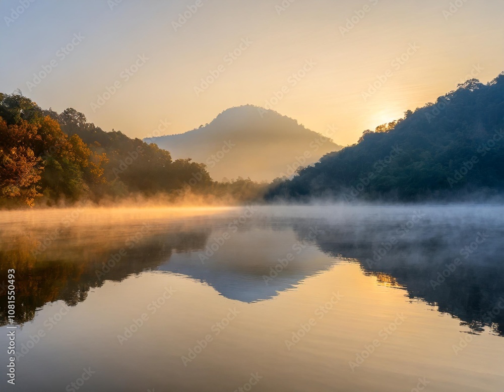 Fototapeta premium Peaceful Lake at Sunrise, With Mist Rising From the Water and a Lone Mountain Reflecting on the Calm Surface, Surrounded by Autumn Forests in Soft Morning Light