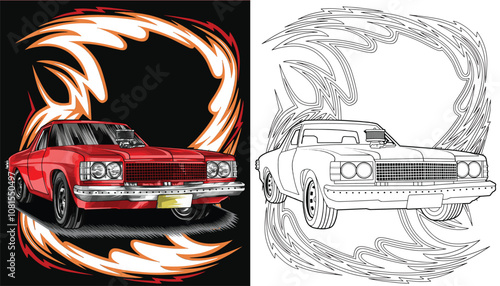 Outline red and painted racing car. Isolated in black background, for t-shirt design, print. and for business purposes.
