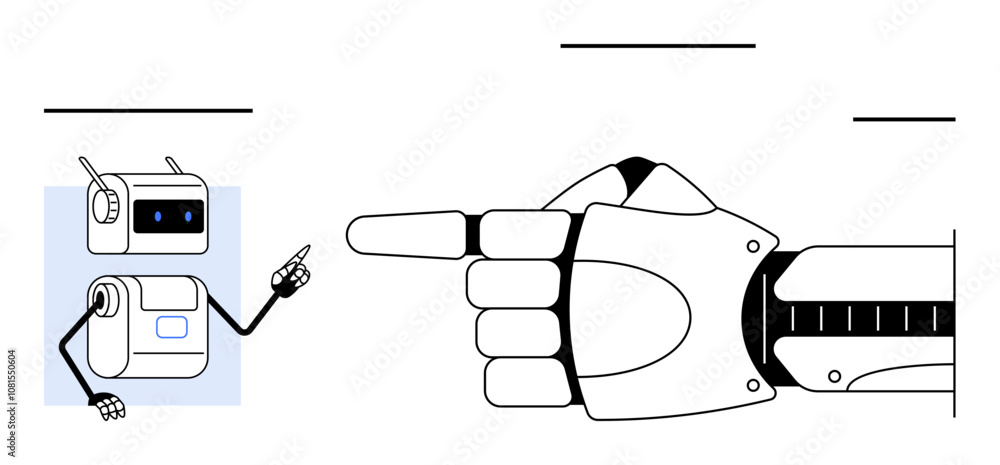 Humanoid robots hand pointing at a small robot with antenna. Ideal for technology, robotics, AI, communication, teamwork, futuristic themes, innovation. Line metaphor