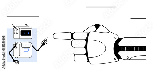 Humanoid robots hand pointing at a small robot with antenna. Ideal for technology, robotics, AI, communication, teamwork, futuristic themes, innovation. Line metaphor