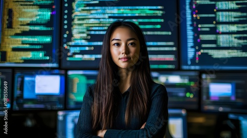 Portrait of a focused and determined female programmer working in a high-tech monitoring room,surrounded by large screens displaying intricate lines of programming code.