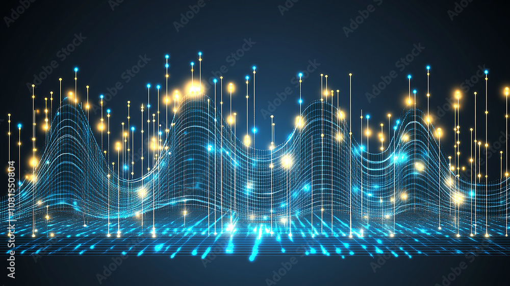 Abstract blue and yellow digital wave on a black background with glowing dots and lines. Abstract blue and yellow digital wave on a black background with glowing dots and lines.