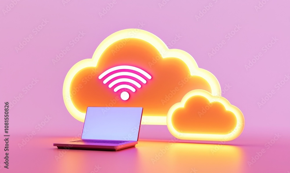 Fototapeta premium A vibrant illustration of a laptop with glowing cloud icons, symbolizing cloud computing and wireless connectivity.