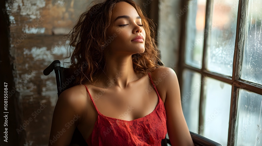 Naklejka premium Close-up of serene woman in red dress, sitting in wheelchair by a large window, soft light and shadows, capturing mindful elegance, Serene portrait, Woman in wheelchair