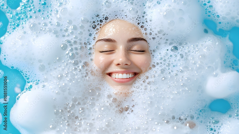 Close-up of woman's face in a bubble bath, relaxed and smiling, wellness routine and body positivity theme, soft bubbles surrounding, Bubble bath relaxation, Self-love and care Close-up of woman's face in a bubble bath, relaxed and smiling, wellness routine and body positivity theme, soft bubbles surrounding, Bubble bath relaxation, Self-love and care