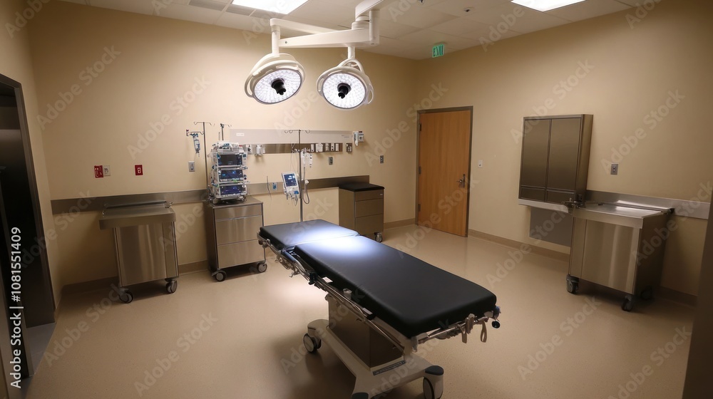 A sterile operating room with surgical lights and an examination table. A sterile operating room with surgical lights and an examination table.