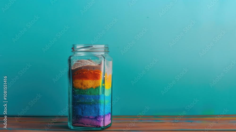 An evocative image of a clear, glass jar filled with multicolored sand layers, each layer representing different cultures An evocative image of a clear, glass jar filled with multicolored sand layers, each layer representing different cultures
