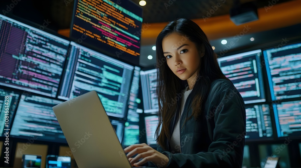 Portrait of a female programmer deeply focused on her work,surrounded by multiple screens displaying lines of programming code within a high-tech monitoring room setting. Portrait of a female programmer deeply focused on her work,surrounded by multiple screens displaying lines of programming code within a high-tech monitoring room setting.