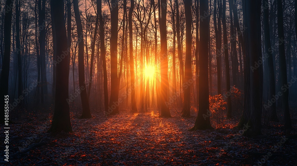 Fototapeta premium Sunrise in a misty forest with glowing sunbeams through the trees