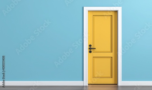 A vibrant yellow door against a blue wall, symbolizing creativity and opportunity in modern interior design.