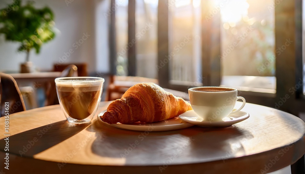 Freshly Brewed Coffee and a Slice of Butter Croissant Served on a Sunlit Breakfast Table, Captured in a Bright and Airy Cafe Setting with Minimalist Decor Freshly Brewed Coffee and a Slice of Butter Croissant Served on a Sunlit Breakfast Table, Captured in a Bright and Airy Cafe Setting with Minimalist Decor