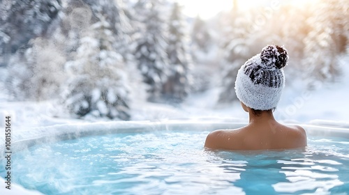 Outdoor winter scene, young Black woman soaking in a hot tub, snow-covered surroundings, steam rising into crisp air, Black woman in hot tub, Winter serenity photo