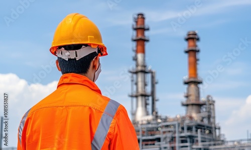 A worker in an orange safety suit and helmet observes an industrial facility with smokestacks against a clear sky.