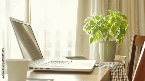 Wallpaper Mural A serene workspace with a laptop, coffee, and a potted plant by a sunlit window. Torontodigital.ca