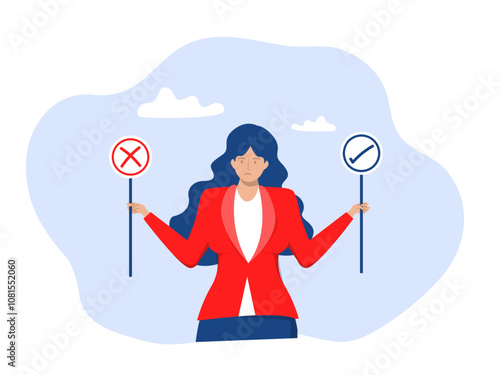 Businesswoman decision right or wrong, true or false, correct and incorrect, moral choosing option concept, thoughtful.flat design with people.vector