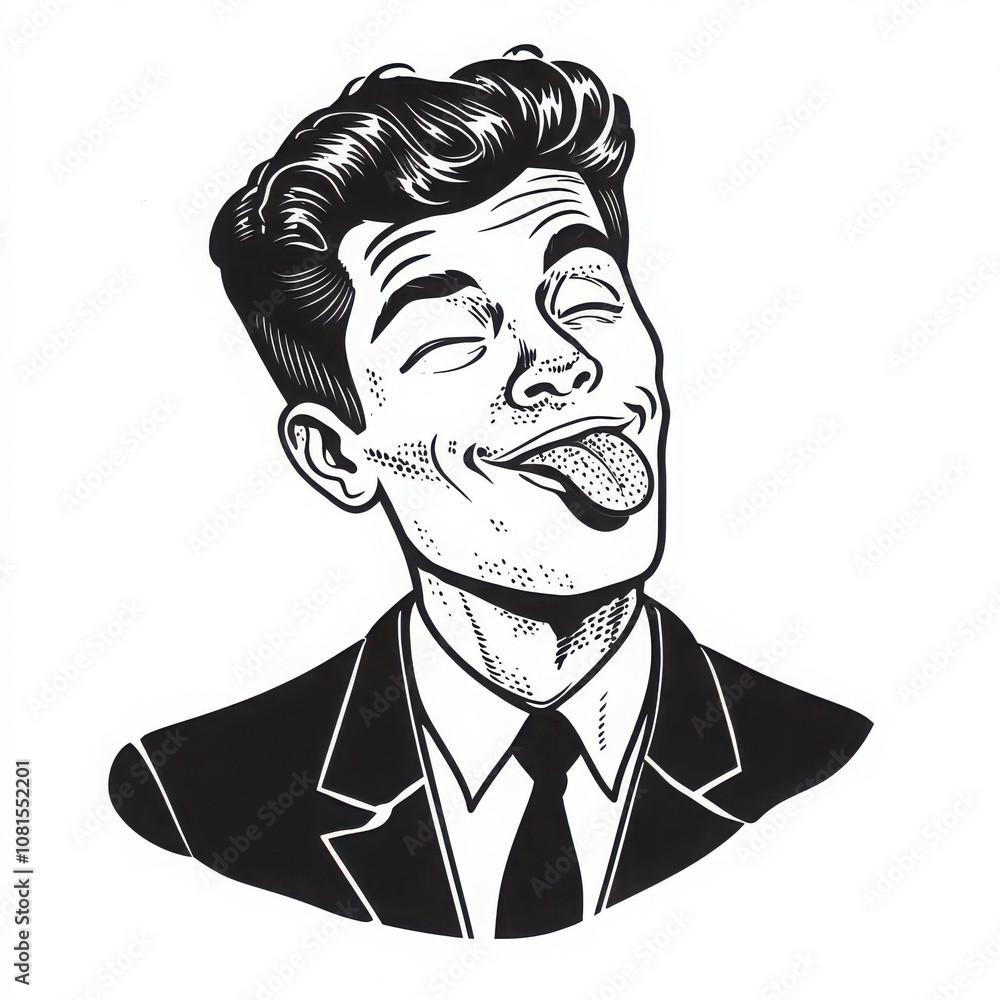 Obraz premium Comic-inspired illustration of a stylish man in a suit winking with his tongue out, done in vintage black and white line art. 