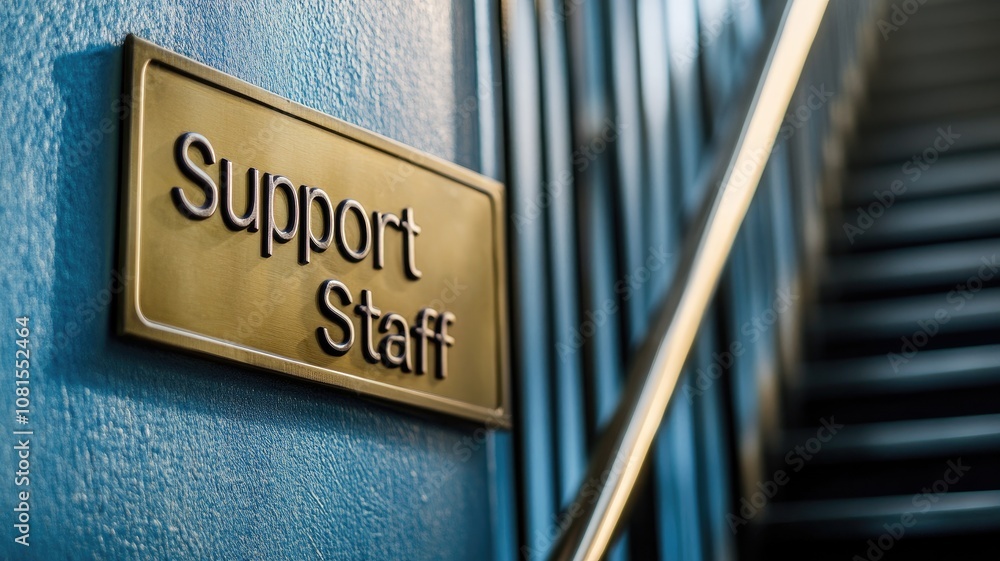 Obraz premium Support staff sign, blue wall, next to staircase
