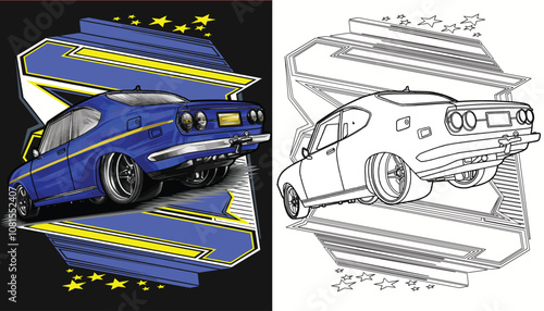 Outline blue and painted racing car. Isolated in black background, for t-shirt design, print. and for business purposes.