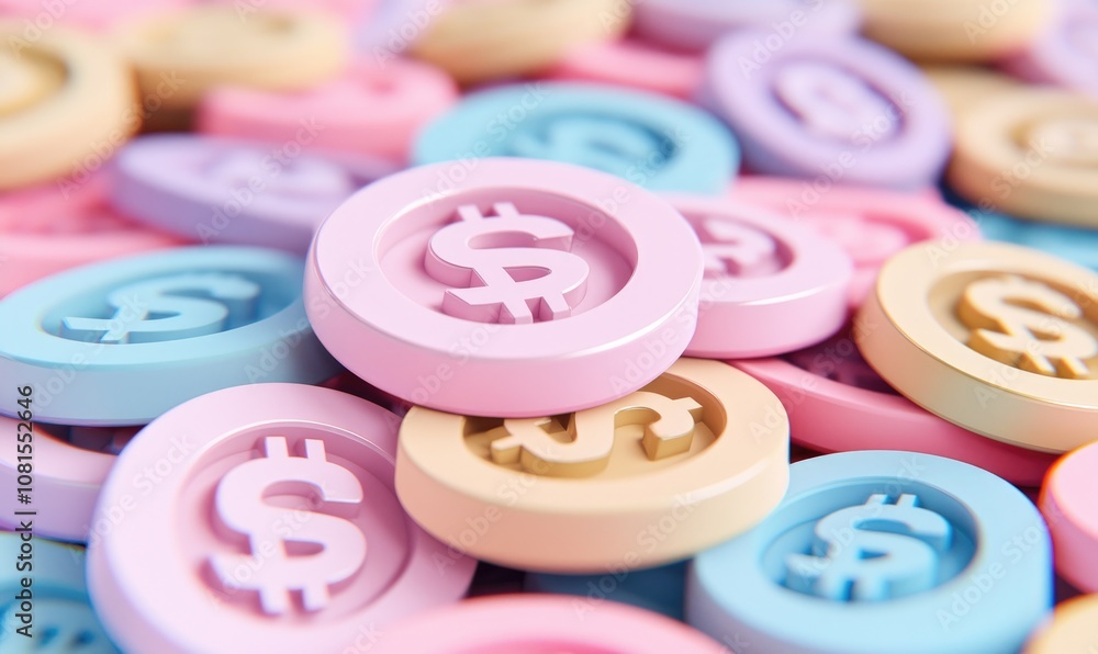 Colorful pastel coins featuring dollar signs, symbolizing finance, economy, and playful money-related themes. Colorful pastel coins featuring dollar signs, symbolizing finance, economy, and playful money-related themes.