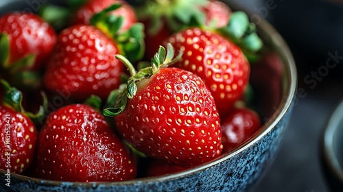 Close up of fresh ripe strawberries in a blue bowl. Food photography, still life, healthy eating