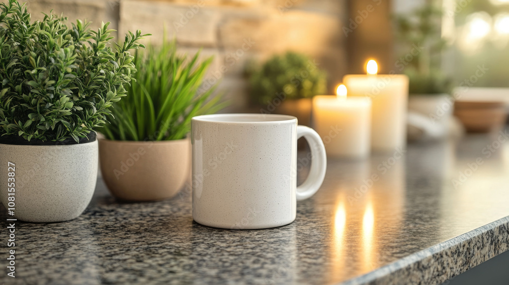 A white mug sits on a countertop with two small potted plants, a brick wall, and lit candles in the background. It is a perfect mockup for a coffee or tea brand. A white mug sits on a countertop with two small potted plants, a brick wall, and lit candles in the background. It is a perfect mockup for a coffee or tea brand.