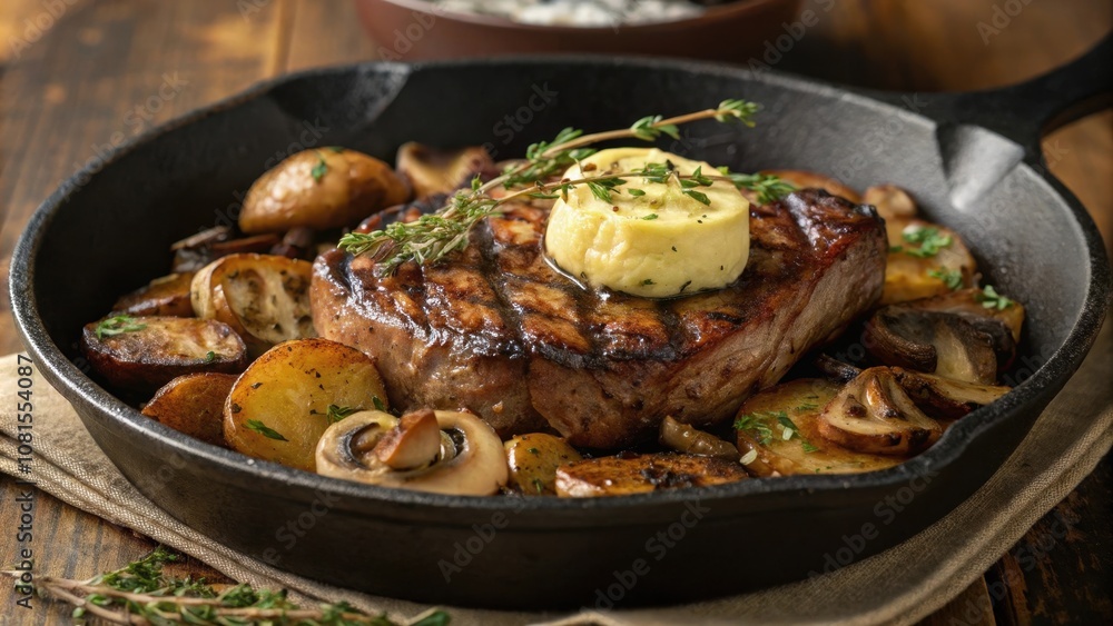 Rustic presentation of smoked pork steak with herbs and vegetables Rustic presentation of smoked pork steak with herbs and vegetables