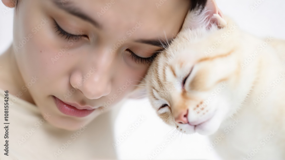 Generative AI, Intimate close-up of a cat and person gently pressing foreheads together in a serene moment against a white background Generative AI, Intimate close-up of a cat and person gently pressing foreheads together in a serene moment against a white background