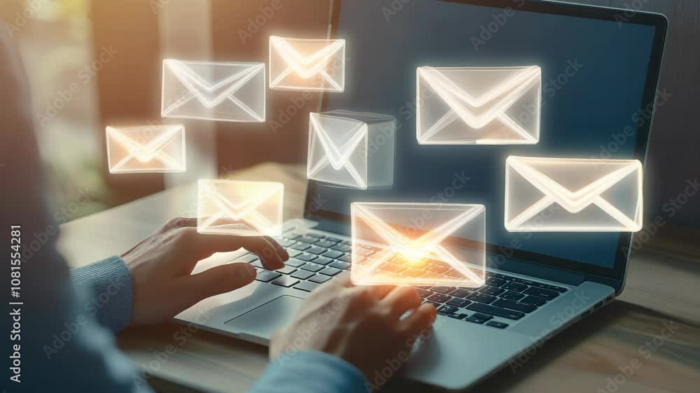 Hands typing on a laptop keyboard, surrounded by glowing email icons ...