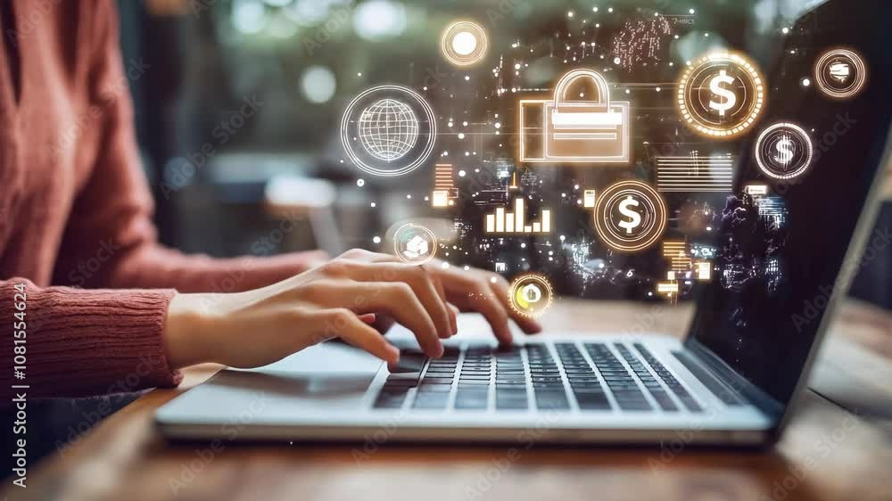 Hands typing on a laptop with overlay icons of security locks, dollar signs, and data, symbolizing cybersecurity and online financial management. Hands typing on a laptop with overlay icons of security locks, dollar signs, and data, symbolizing cybersecurity and online financial management.