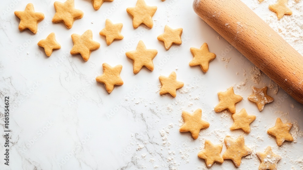 Star-shaped cookies being prepared with rolling pin on floured surface Star-shaped cookies being prepared with rolling pin on floured surface