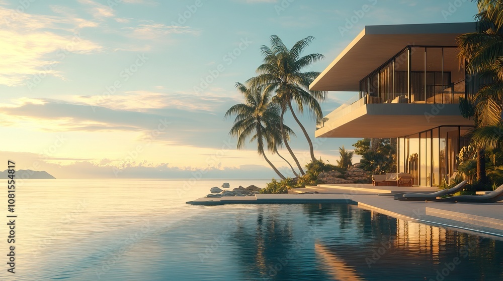 3D render of a beach house with a flat roof, seaside view, tropical palm trees, 3D render of a beach house with a flat roof, seaside view, tropical palm trees,
