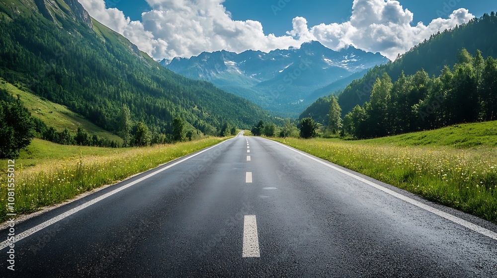 Naklejka premium Empty asphalt road leading through a lush green valley with snow capped mountains in the distance on a sunny day. Concept of adventure, travel, and journey.
