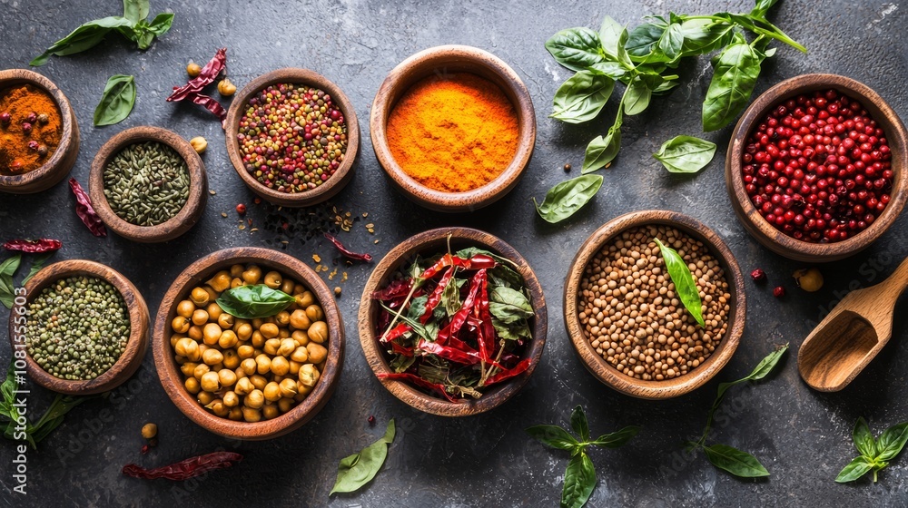Variety of spices in wooden bowls with fresh herbs Variety of spices in wooden bowls with fresh herbs