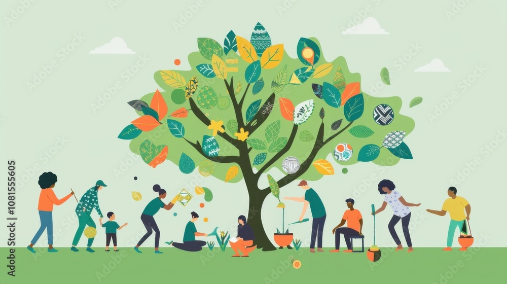 Fototapeta premium An evocative visual of a diverse group of people planting a garden with flowers that each have different cultural patterns on their petals