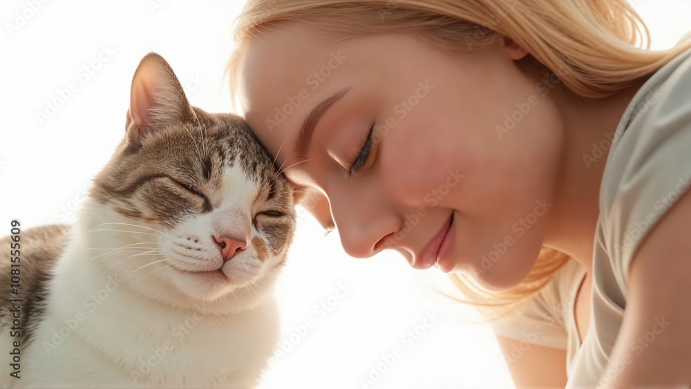Generative AI, Intimate close-up of a cat and person gently pressing foreheads together in a serene moment against a white background Generative AI, Intimate close-up of a cat and person gently pressing foreheads together in a serene moment against a white background