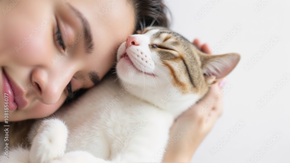 Generative AI, Intimate close-up of a cat and person gently pressing foreheads together in a serene moment against a white background Generative AI, Intimate close-up of a cat and person gently pressing foreheads together in a serene moment against a white background
