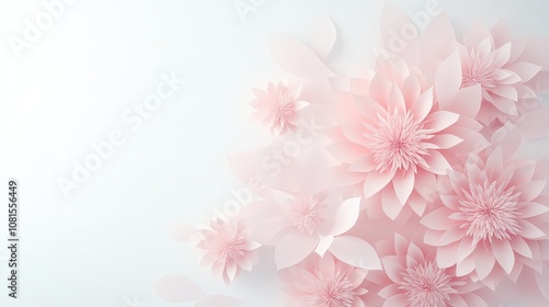 A white background with pink flowers in the foreground