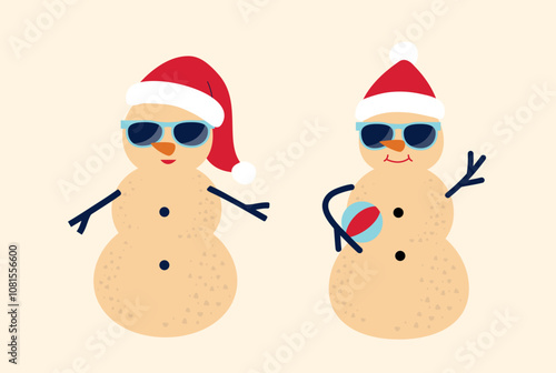 Set of cute holiday sand snowman flat vector.
Beach summer sand snowman cartoon.
Christmas Beach Snowman illustration.