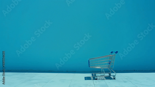 Shopping cart abandoned in a vast, empty landscape with surreal atmosphere