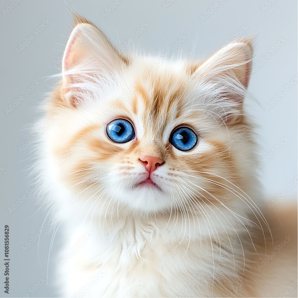 The close up photo captures every detail of the fluffy white kitten with bright blue eyes, showcasing its delicate whiskers, soft pink nose, and tiny ears as it gazes curiously at the camera The close up photo captures every detail of the fluffy white kitten with bright blue eyes, showcasing its delicate whiskers, soft pink nose, and tiny ears as it gazes curiously at the camera