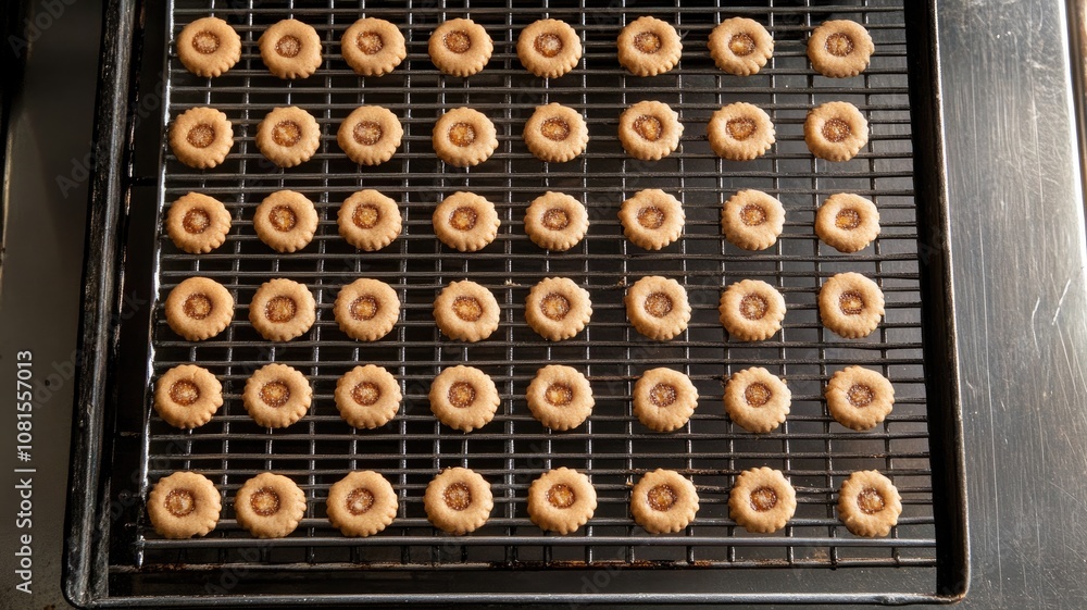 Rows of baked cookies with jam centers on cooling rack Rows of baked cookies with jam centers on cooling rack