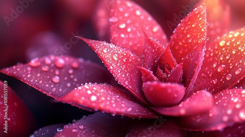 Vibrant Red Succulent Flower with Dew Drops in Nature