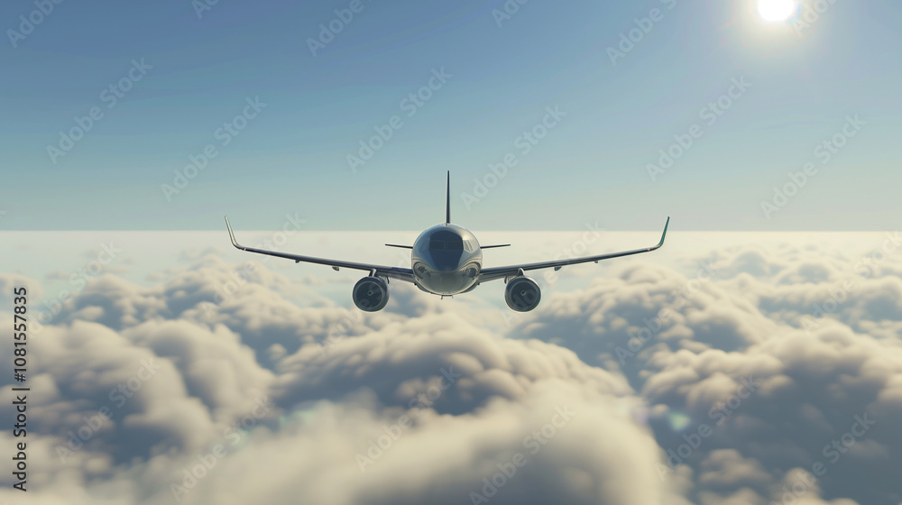 Obraz premium Commercial airplane flying above the clouds with clear blue sky