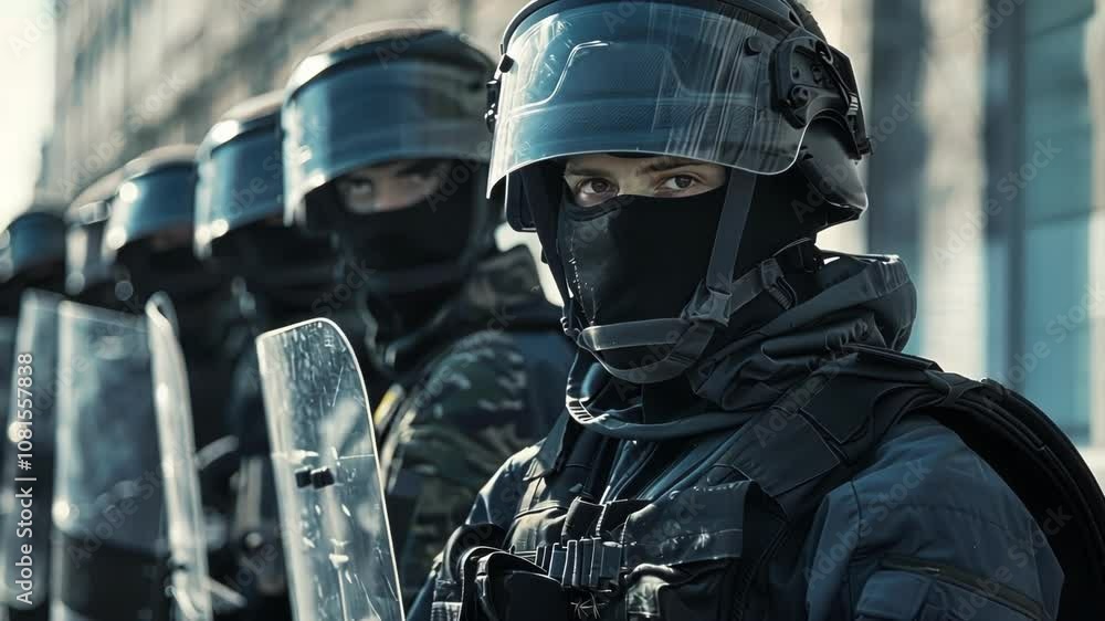 Police officers in riot gear stand in formation, alert and ready to maintain security during a protest, exuding authority and control over the crowd in the city streets Police officers in riot gear stand in formation, alert and ready to maintain security during a protest, exuding authority and control over the crowd in the city streets