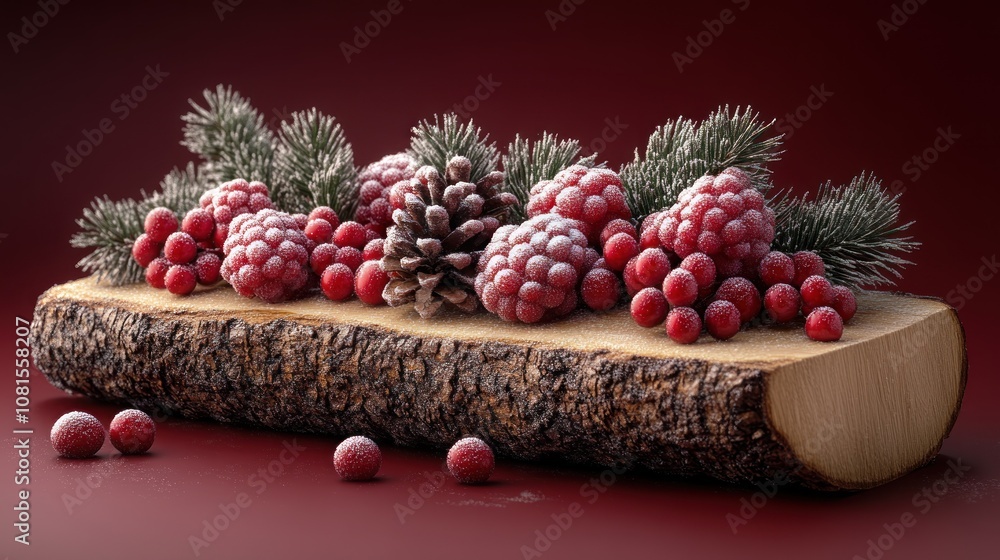 Festive arrangement of berries and pinecones on a wooden log. Festive arrangement of berries and pinecones on a wooden log.
