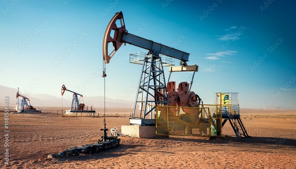 Oil drilling derrick pumps oil from ground. Petroleum industry, crude oil extraction. Production of fuel from natural resources. Oil drilling derrick pumps oil from ground. Petroleum industry, crude oil extraction. Production of fuel from natural resources.