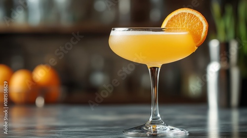 Close up of a Refreshing Mimosa Cocktail with Fresh Orange Garnish on a Wooden Surface