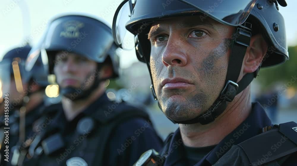 Group of police officers wearing protective gear are standing guard, their faces serious as they ensure the safety of an event Group of police officers wearing protective gear are standing guard, their faces serious as they ensure the safety of an event